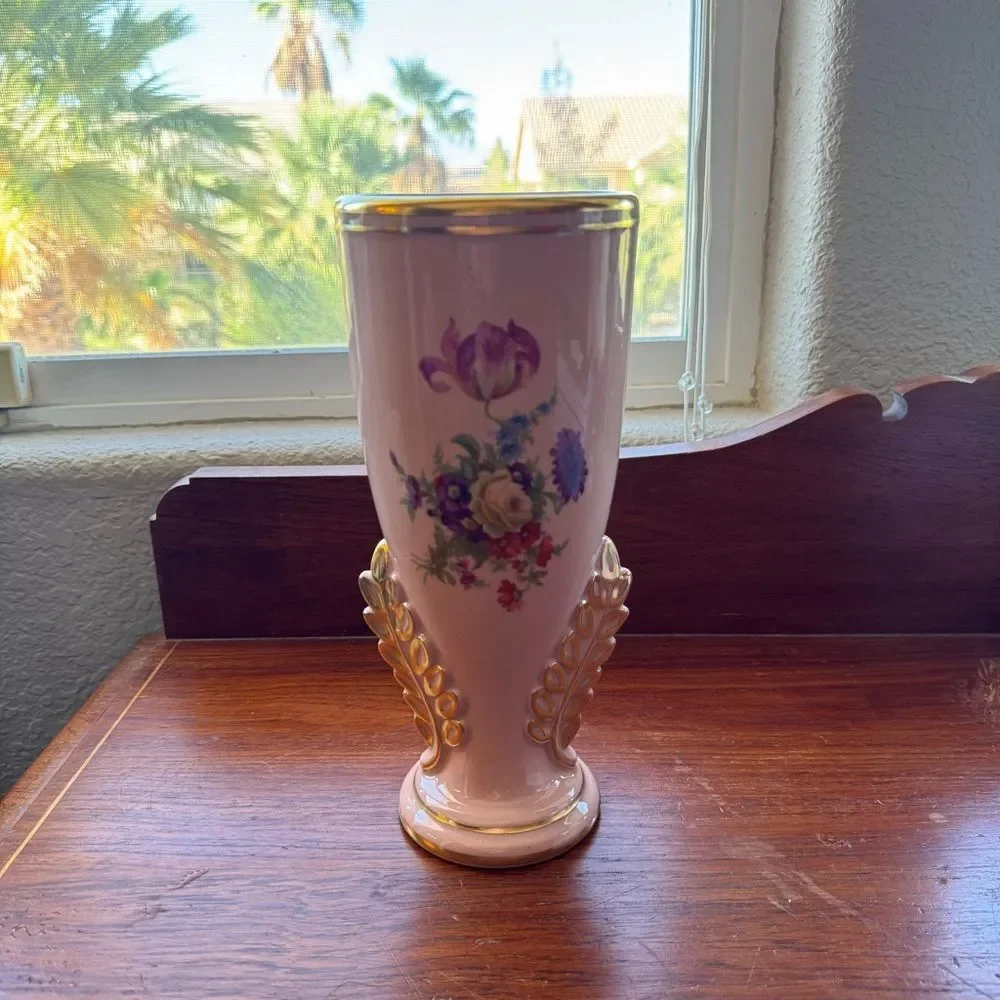 Vintage Art Deco Vase Pink Flowers Gold Trim